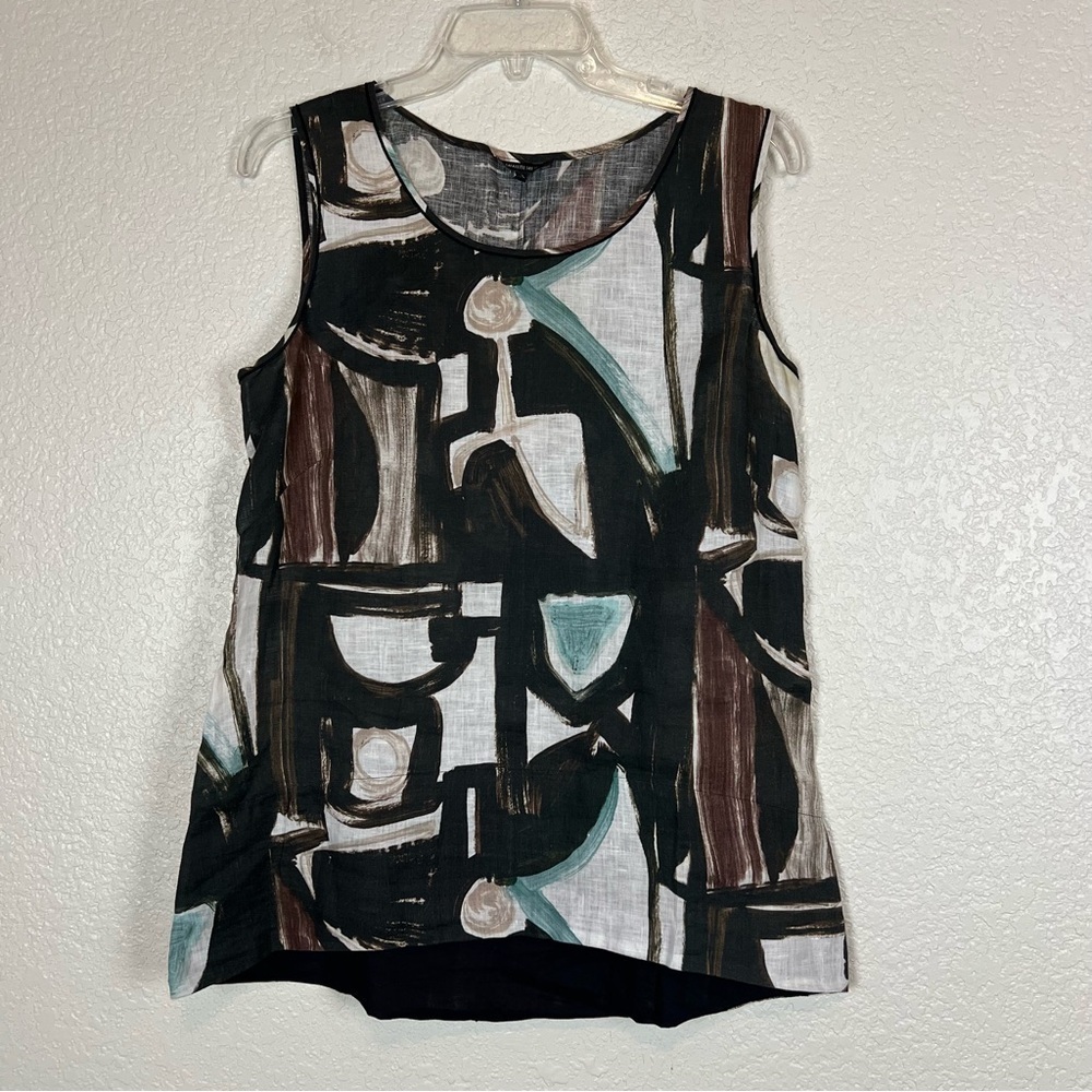 Lafayette 148 Wearable Art Geometric Print Sleeveless Tunic Top 100% Linen sz 4